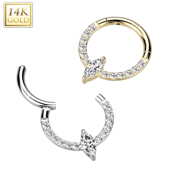 14 Karat Gold Segment Clicker Ring mit einem ellipsenförmigen Kristall in der Mitte und kristallbese