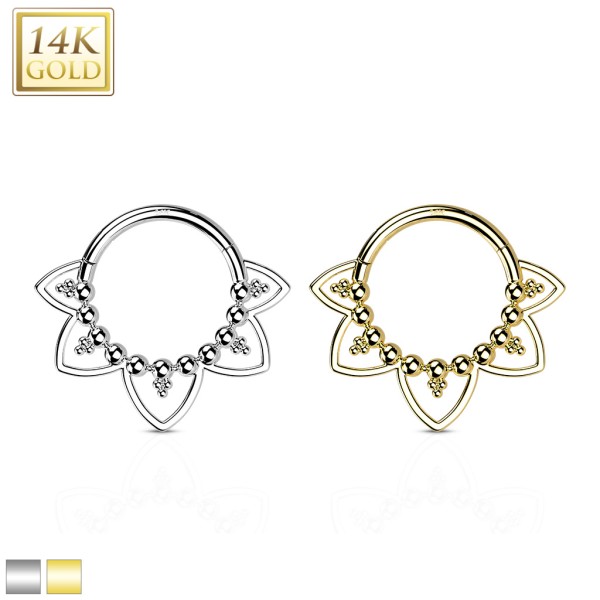 14 Karat Gold Segment Clicker Ring mit filigranen Kugeln und Herzen für Nase, Lippe & Ohr