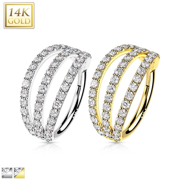 14 Karat Gold Segment Clicker Ring mit 3 Reihen mit Zirkonia und in Pavé Fassung