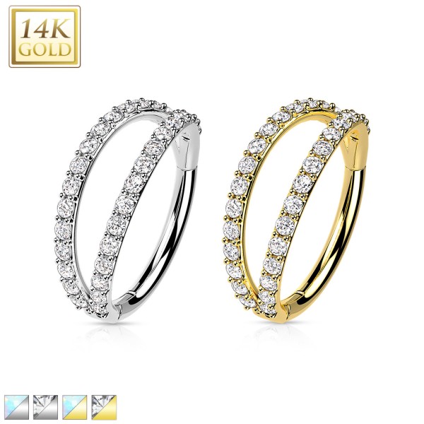 Segment Clicker Ring aus 14 Karat Gold mit getrennten Doppel Reihen mit Zirkonia oder Opal