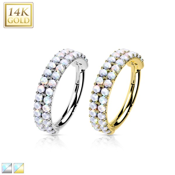 14 Karat Gold Segment Clicker Ring mit Opal in Doppelreihe und Pavé Fassung für Ohr & Nase