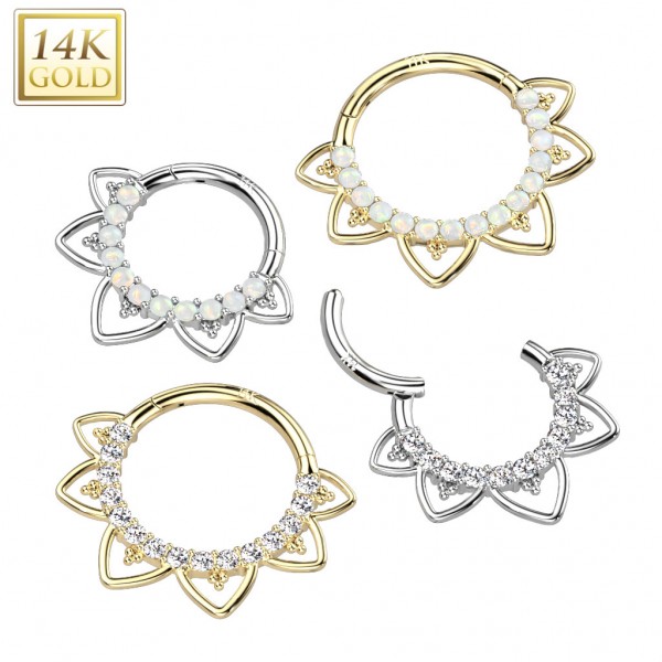 14 Karat Gold Herz Segment Clicker Hoop Ring besetzt mit Zirkonia oder Opal Steinen