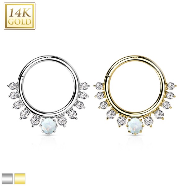 14 Karat Gold Segment Clicker Ring umrandet von Zirkonia mit Opal in der Mitte für Nase & Ohr