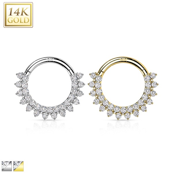 Segment Clicker Ring aus 14 Karat Gold mit 2 Reihen Zirkonia für Nase & Ohr, Gelbgold & Weißgold