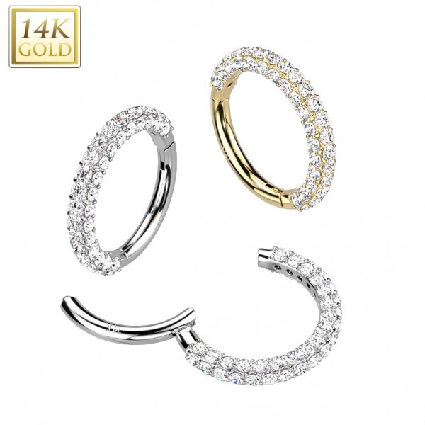 14 Karat Gold Segment Clicker Hoop Ring mit Kristallen in Pavé Fassung vorne und an den Seiten