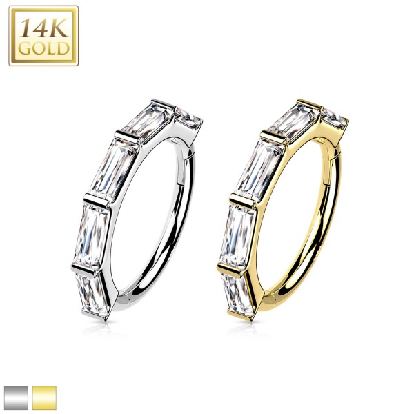 14 Karat Gold Segment Clicker Ring mit Zirkonia in Baguettefassung für Nase & Ohr
